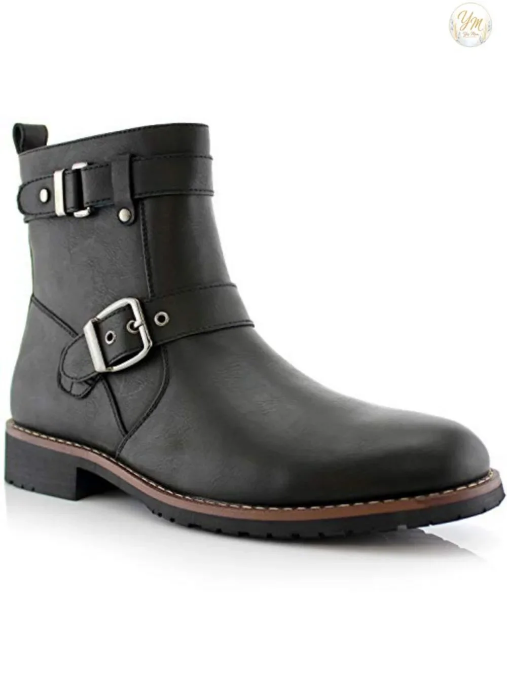 Engineer Boot with Buckle Straps & Side Zipper - Faux Leather